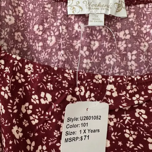 Suzanne Betro NWT Burgundy & Camel Floral Square Neck Balloon Sleeve Top Size 1X