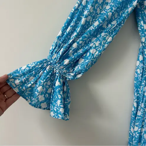 Playa Lucila Blue White Floral Long Sleeve Empire Tie Waist Open Duster Cover S