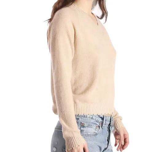 Minnie Rose Cashmere Frayed Edge V Neck Sweater Size Small Cream