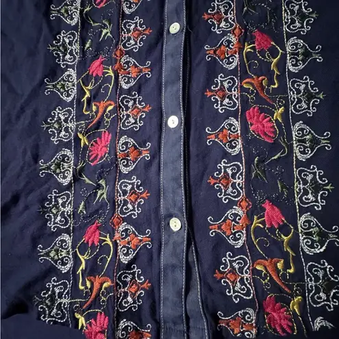 Anthropologie TINY  Plein Air Embroidered Navy Blue Button Down Shirt Dress Large