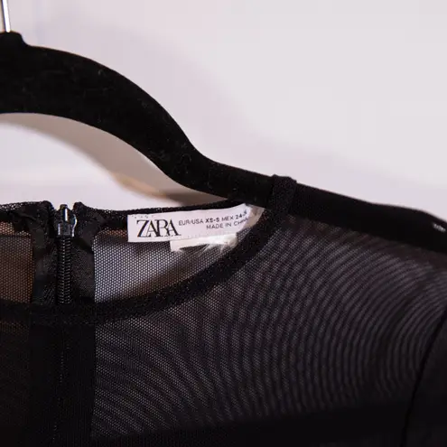 Zara Ribbed Knit Stretch Sheer Mesh Sweetheart Neckline Jumpsuit Jumper Black XS