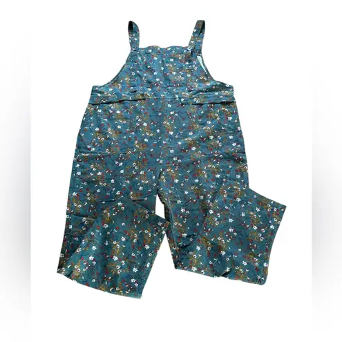Floral Print Jumpsuit Overalls Cotton Linen Blend Womens XXL Green Red Orange
