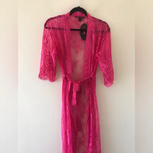 Hunkemoller Pink Peacock Lace Long Kimono Robe, NWT Size L