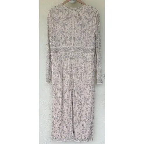 Mac Duggal 10812 Beaded Tea Length Dress Sheer Long Sleeves Womens Size 14 Party