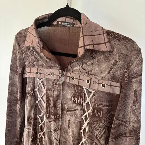 Unlisted Y2K Euro Edgy Bold Blouse Brown Cyber Lace Up Zip Corporate Grunge Top Large