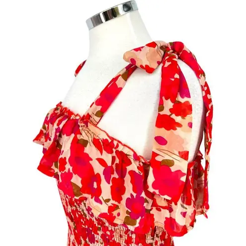 TCEC Red Pink Floral Smocked Mini Dress Ruffle Hem Tie Straps Size Large