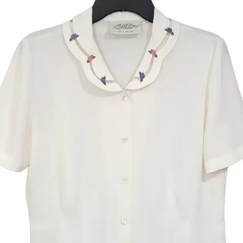 Susan Bristol Vintage Semi Sheer Short Sleeve Ivory Button Down Women Size 6