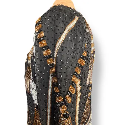 Vintage 80s Silk Beaded Metallic Sequin Jacket Black Gold Tassel Embellished XL