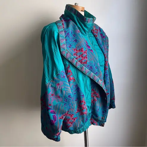 Lavon Vintage 90s Aqua Print Streetwear Windbreaker Bomber Track Jacket Size S