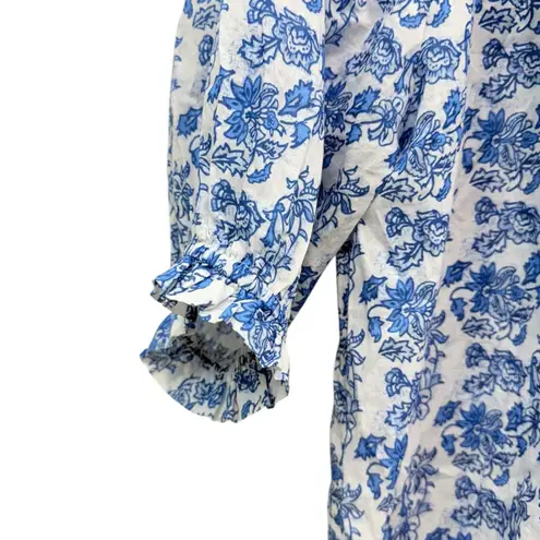 Ro’s Garden Blue Floral Peasant Blouse 3/4 Sleeve Tassel Tie Size M Size M