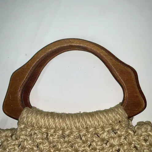 Handmade Vintage 70's Macrame Handbag Purse Tote Tan Boho Hippie Wood Handles