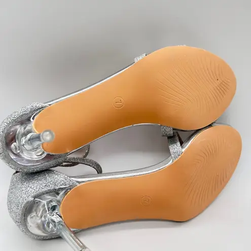 Allegra K Ankle Strap Heels Womens 7 Silver Glitter Criss Cross Stiletto Party