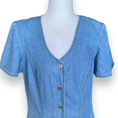 Vintage California Gold Rush Denim Midi Dress Short Sleeve Button Front Vneck Blue Size M