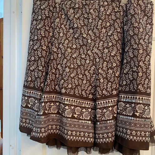 Apt. 9  Boho Floral Ruffle Cotton Swing Skirt Brown sz 16