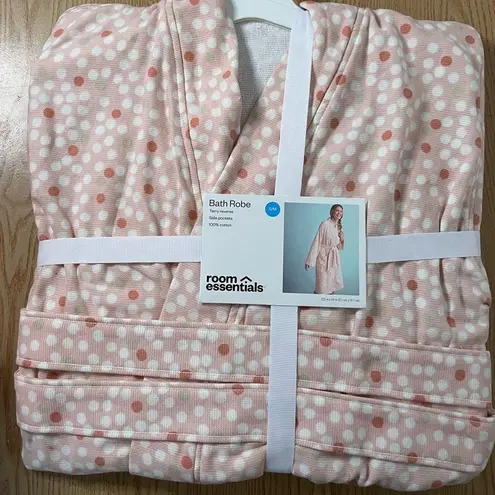 New Women’s Room Essentials Blush Polka Dot Robe Cotton Terry size Small/Medium Pink