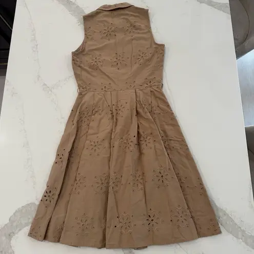 Boden Sleeveless Eyelet Button Front Cottagecore Midi Dress Womens 2R Tan Preppy Size 2