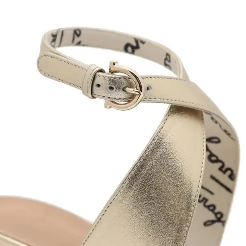 Salvatore Ferragamo SHEENA METALLIC GOLD LEATHER ANKLE STRAP SANDALS SIZE US 6
