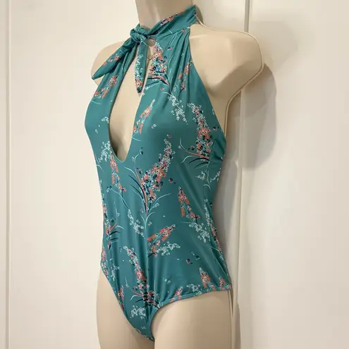 Beach Riot Coral One Piece Swimsuit Floral Mojito Teal Halter Neck Tie Medium