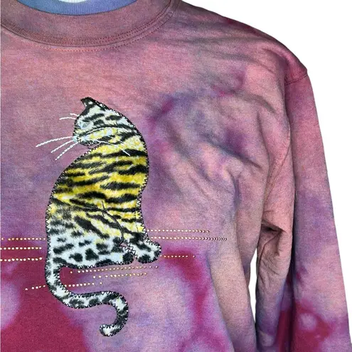 Vintage 90's Top Stitch Morning Sun Double Collar Sweatshirt Velvet Cat Leopard Purple Size M