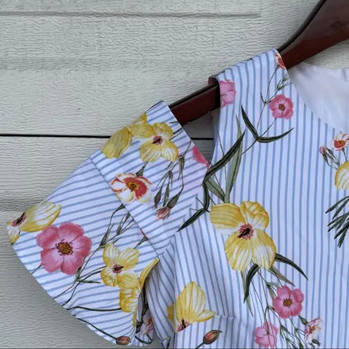 CeCe Women’s Dress Blue White Stripe Floral Cold Shoulder Spring 2