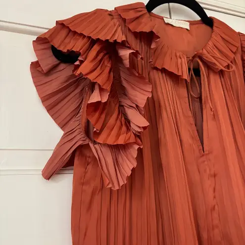 Ulla Johnson Elli Top Satin Blouse Shirt Orange Size 2 As Seen On TV Pleated Tie