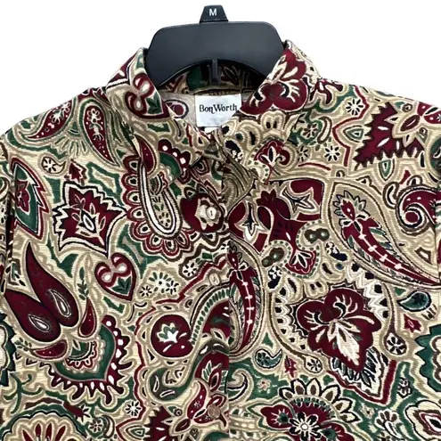 Bonworth Vintage Blouse Womens PM Tan Maroon Paisley Shirt Boho Retro Old Money