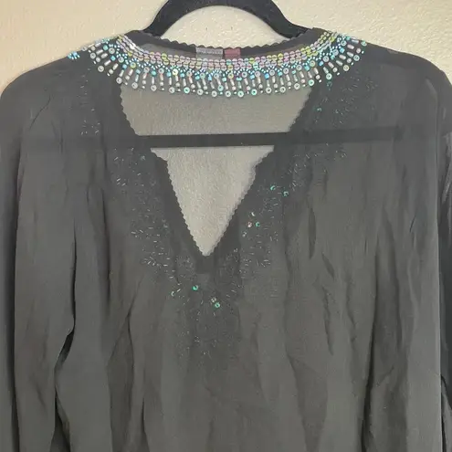Itsu Womens 100 % Silk Size 6 Long Sleeve Blouse Beaded Sequin Black Blue