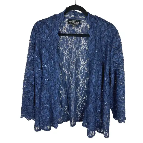 Alex Evenings Navy Blue Lace Sequin Open Front Bolero Jacket Women's Size 14