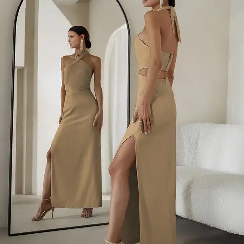 Commense Crisscross Cutout Halter Split Knit Long Dress size small Tan