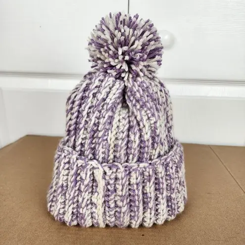 Crochet Handmade Chunky Ribbed Beanie Cream Purple Pompom Warm Hat Cap