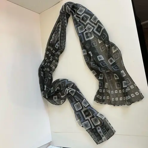 Vintage 90s Blue Green Mod Square Print Semi Sheer Long Wrap Scarf