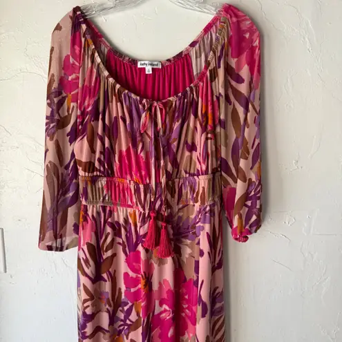 Kathy Ireland Floral Boho Midi Dress Pink Purple Tassel Tie Waist Size L
