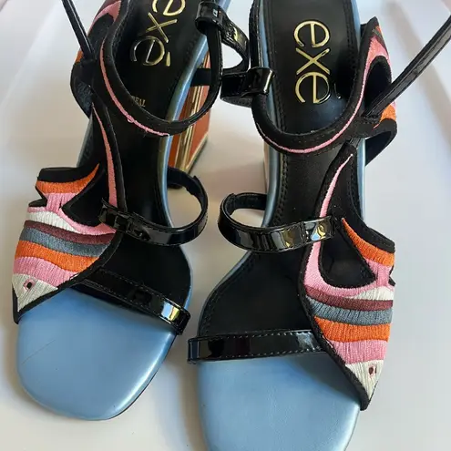 Black and Pink Modern Heels with Geometric Straps Size 8