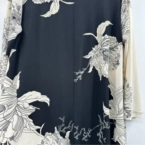 Clara Sun Woo Cream & Black Floral Print Stretch 3/4 Sleeve Tunic Top Sz S NEW