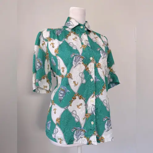 Vintage ‘80s All Hours Sailboat & Anchor Print Short Sleeve Collared Blouse Green