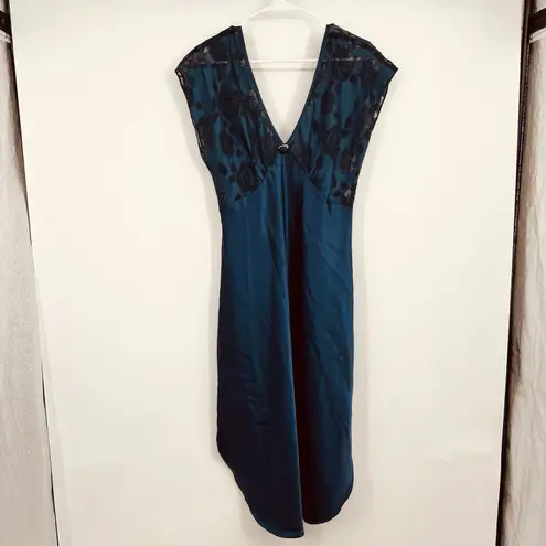 Adonna Womens VTG Satin M Long Nightgown Blue Floral Lace Rare Sexy Dress Goth