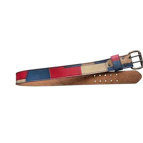 Vintage Multicolored Patchwork Tan Red & Blue Color Block Leather Belt Size 32