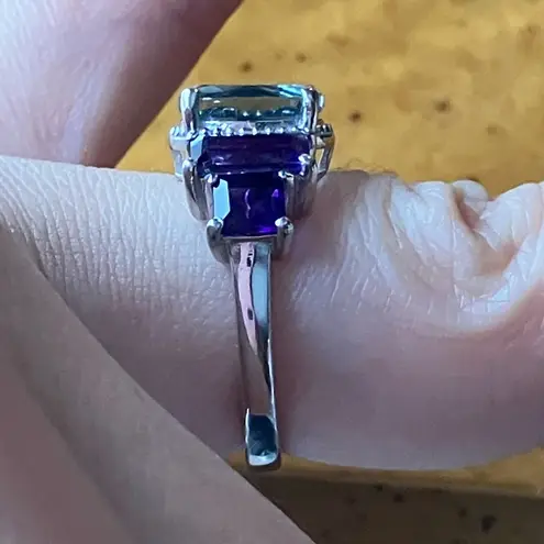 Teal Color Changing Fluorite Amethyst Art Deco Ring Size 6 Purple