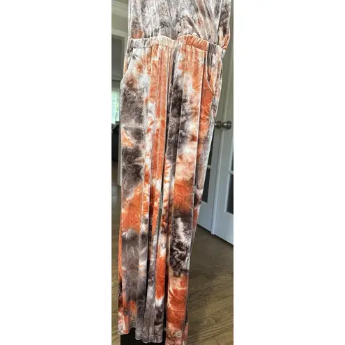 Young Fabulous and Broke  Naomi Velvet Jumpsuit M Tie Dye Peach Brown Wide Leg