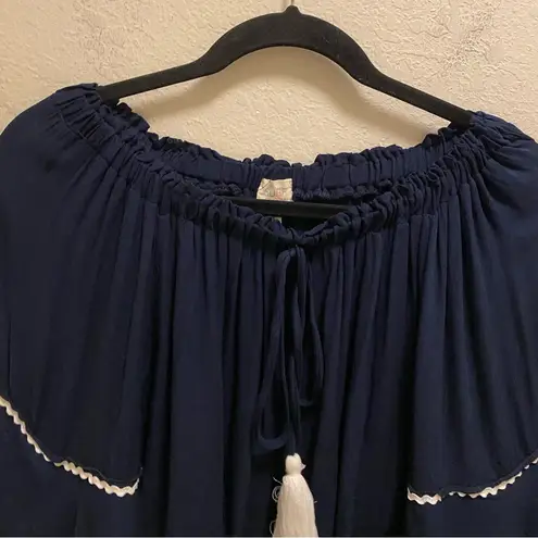 Surf Gypsy Navy Blue Hold My Mimosa Boho Tiered Bell Sleeve Crop Top Size Small