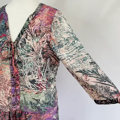 LA Made New Botanical Print Lace Up 3/4 Sleeve Tunic Mini Dress