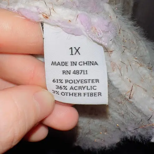 Ophelia Roe Fuzzy Eyelash Knit Cream Purple Glitter Stripe Mock Neck Sweater 1X