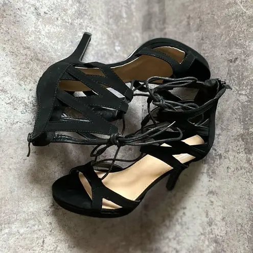 Top Moda Strappy Stiletto Lace Up Heels Black 8.5 Nubuck Party