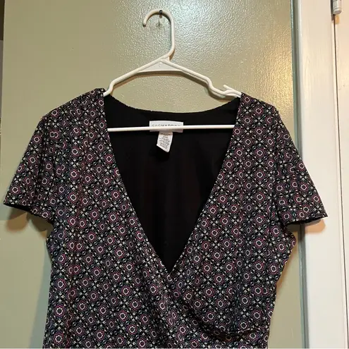 Sag Harbor Faux Wrap Blouse Surplice Neck Black Pink Floral L