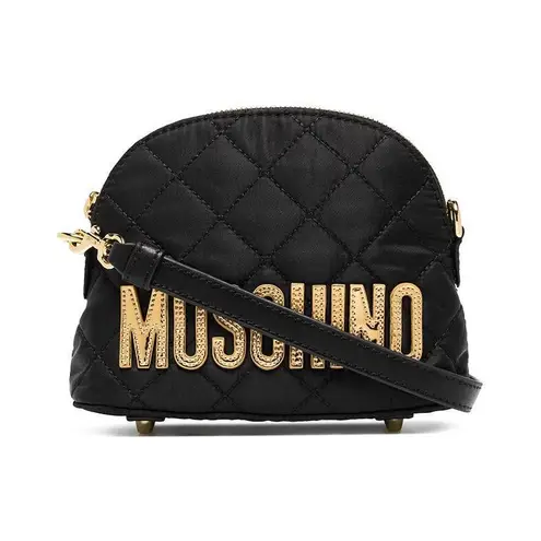 Moschino Black Gold Logo Patch Quilted Nylon Small Mini Crossbody Shoulder Bag