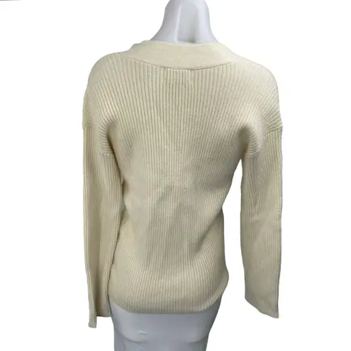 Open Edit Women's Cream Twist Front Rib Knit V-neck Long Sleeve Sweater Top XXS