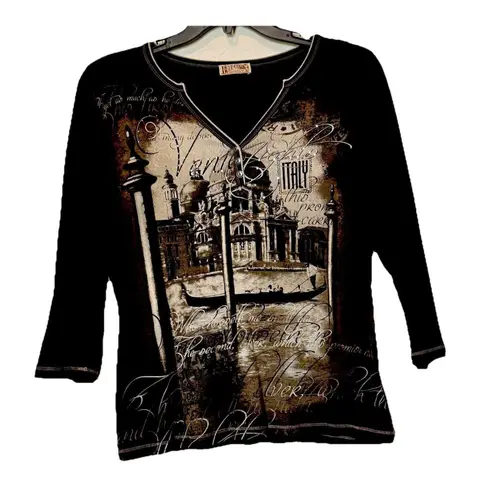 Clover Canyon Blue Canyon Clothing Women' Shirt XL Charcoal Rhinestone Venice Italy USA VTG