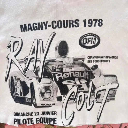 y2k off shoulder white car print graphic crop top