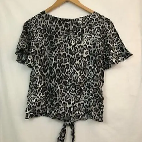 Socialite NEW NWT  Tie Blouse Leopard Cheetah Animal Black Gray Short Sleeve Top