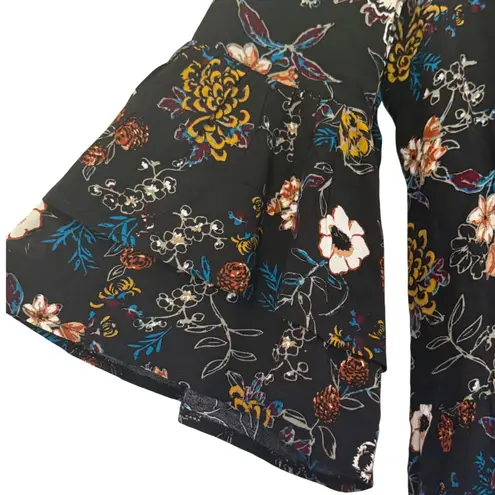 Solitaire Black Floral Print Bell Sleeve Blouse Size L